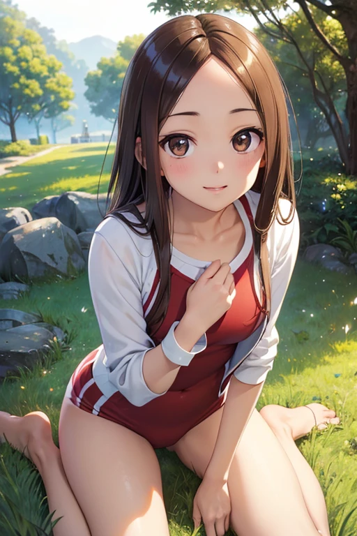 Takagi-san、Shiny brown hair, Long Hair,Forehead、Center part、 Beautiful brown eyes、smile、Sparkling eyes, (fine grain)、Very fine eye、Highly detailed face, Highly detailed eyes,


(masterpiece:1.3, Highest quality, 超High resolution, Super detailed), Cowboy Shot、 One woman，Highest quality, masterpiece, High resolution, 


(masterpiece:1.2, Highest quality), (Realistic, photoRealistic:1.4), Beautiful illustrations, (Natural Side Lighting, Cinema Lighting), Browsing Caution, 
View your viewers, 1 girl, Japanese,  Perfect Face, Cute and symmetrical face, Glowing Skin, 
 Big eyes, Long eyelashes, (chest:0.8, Thick thighs), thin, 
Beautiful detailed hair, Beautifully detailed face, Beautiful attention to detail, Beautiful clavicle, Beautiful body, 美しいchest, Beautiful thighs, Beautiful feet, Beautiful fingers, 
(Gym suit, Green tea color), 
(Beautiful views), evening, (Grass is overgrown), wariza (かわいらしいsmile, Upward glance, Lips parted), 