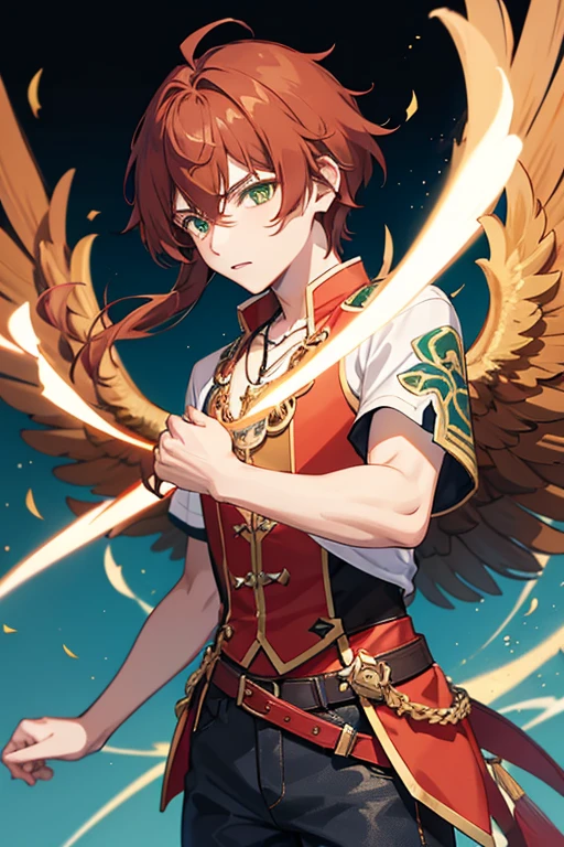 Xiao from Genshin Impact, boy, 16 years old, short reddish brown hair with strands in the bangs, green eyes, open red vest, black t-shirt with golden wings print, necklace with a golden cross, blue jeans, light brown belt, looking straight profile directly to viewer, white background