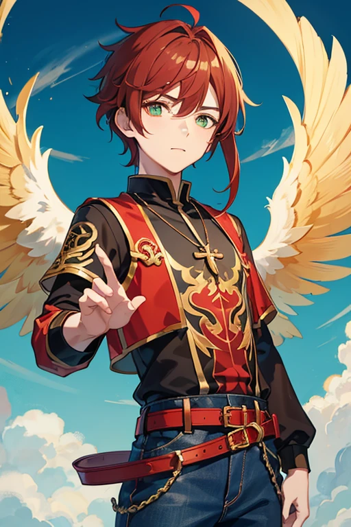 Xiao from Genshin Impact, boy, 16 years old, short reddish brown hair with strands in the bangs, green eyes, open red vest, black t-shirt with golden wings print, necklace with a golden cross, blue jeans, light brown belt, looking straight profile directly to viewer, white background