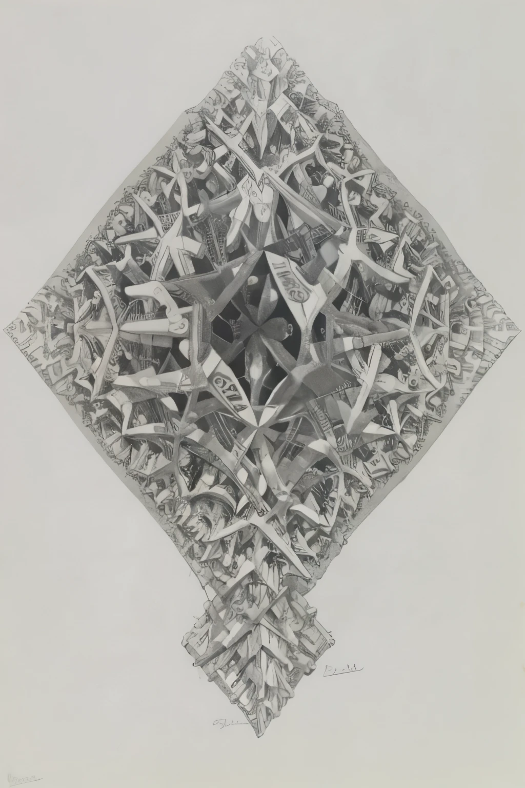 ((best quality)), ((masterpiece)), (detailed), a city, escher artwork's style, highly detailed, intricate architecture, optical illusion, surreal, impossible staircase, tessellating patterns, geometric shapes, chiaroscuro lighting, dramatic shadows, muted color palette, moody atmosphere