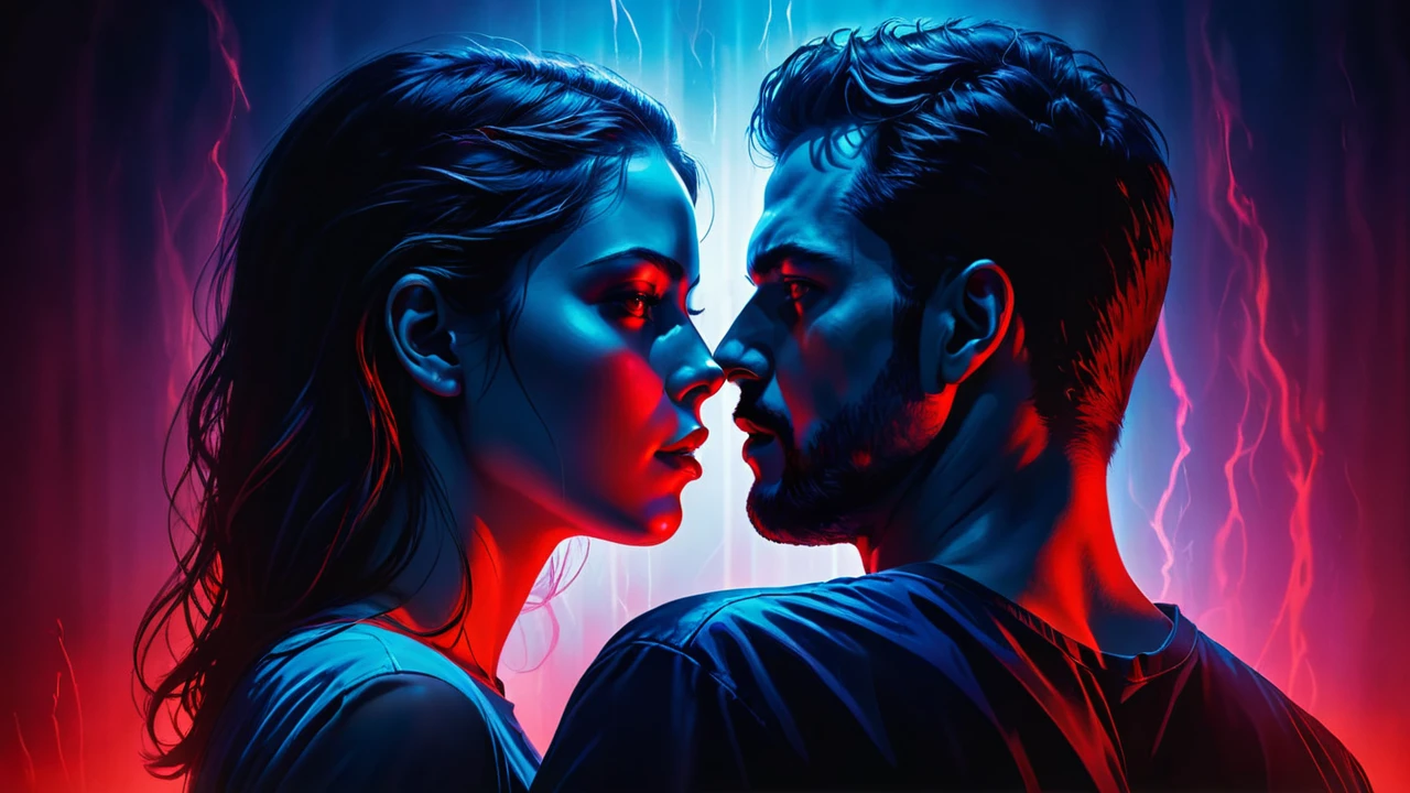 a digital illustration of multiple head of girl and man in one body, red and blue lighting, horror ambience, thriller,