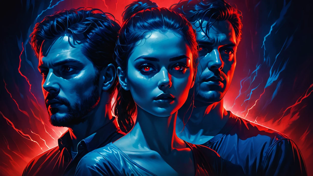 a digital illustration of multiple head of girl and man in one body, red and blue lighting, horror ambience, thriller,