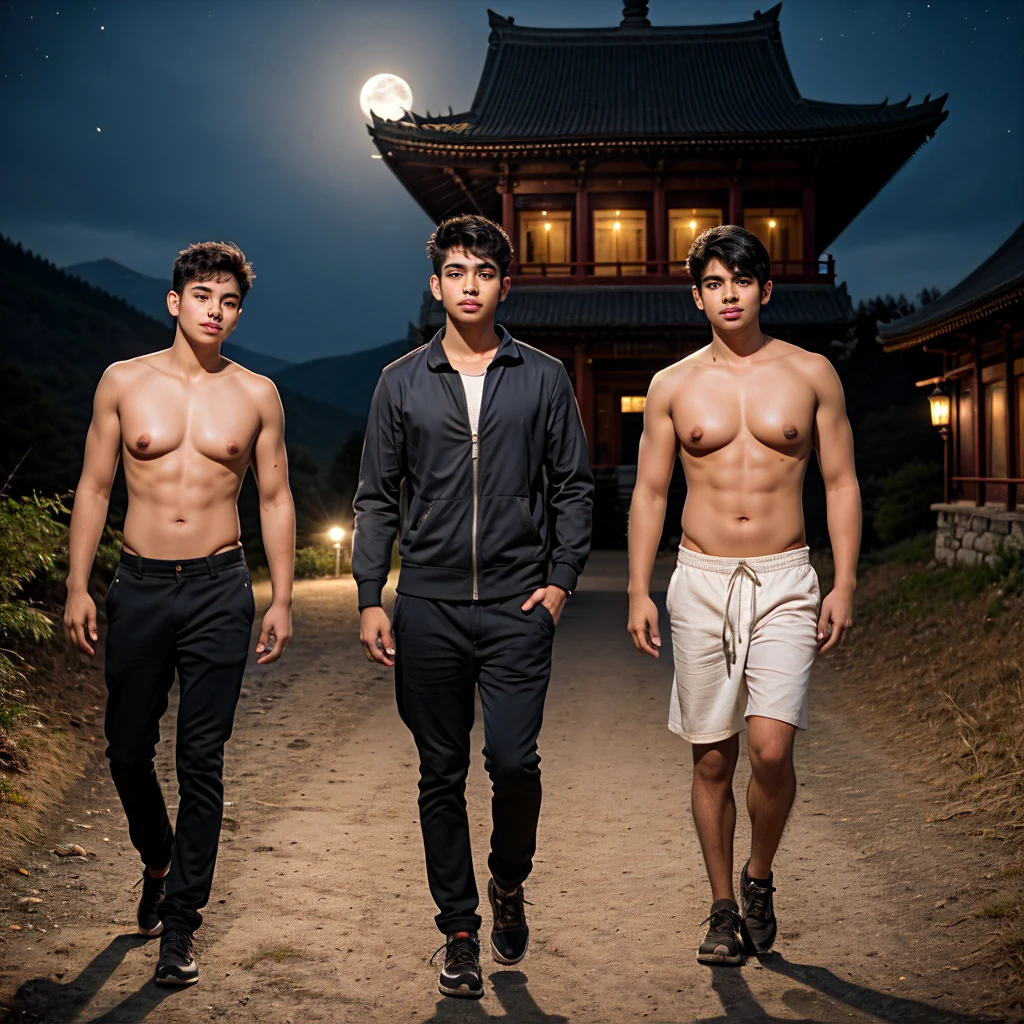 Beautiful indian two boys friends posing, straight photoshoot pose, full body portrait, moonlit night, night time, winter, walking on forest path, detailed face, iconic, photorealistic, mountain temple, detailed background, big breasts, village scene, masterpiece, 8k, ultra realistic