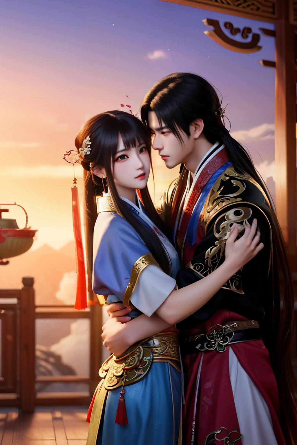 arafed image of a couple of asian women and man hugging each other, Peach Garden detailed background, xianxia fantasy, jingna zhang, game cg, wuxia, inspired by Chen Yifei, xianxia, xianxia hero, 2. 5 d cgi anime fantasy artwork, heise jinyao, chinese fantasy, beautiful render of tang dynasty, heise-lian yan fang, 4k best quality, 8k character details, high quality anime art, high quality illustration, detailed anime wallpapers, detailed anime art, hyper-realistic, elegant, high quality realistic anime art