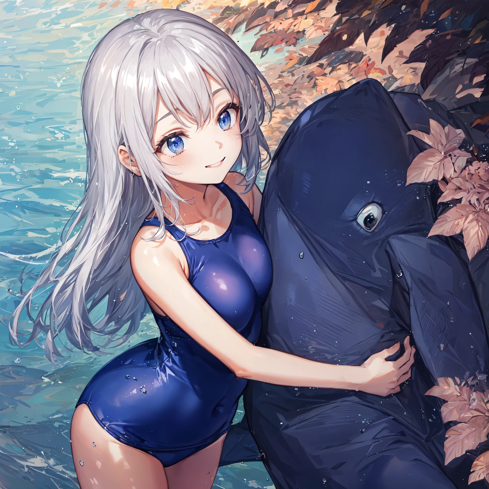 masterpiece, Highest quality,pastel colour,smile,Mouth closed,In the shade,Thrust your hips,Gazing into the distance,My chest is crushed by my arms,Dolphin Stuffed Animal,From above,School Swimsuit,peace,Photoreal 1;4,Wet hair Silver hair, {{Beautiful medium sized breasts 1:4}},Highest quality,pretty girl,High Quality Backgrounds, Slanted Eyes, Detail of wrinkles on shirt chest,break, {{Beautiful blue eyes 1:4}}, break, Five Fingers