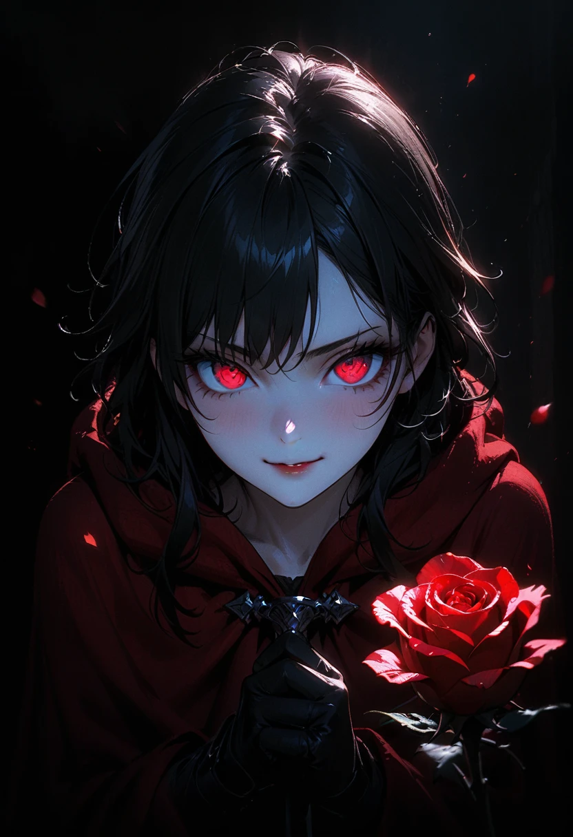 (full body portrait), 1girl, solo, (holding weapon), sword, (long black hair), detailed face, mischief, smirk, pale white skin, red eyes, (detailed eyes), long eyelashes, black eye liner, red lipstick, black tunic, (red hoodie cloak), long dress, leather glove, (standing pose) moonlight, hard lighting, blue light, cold light, ((rose pedals falling)), (medieval theme), ((masterpiece)), super detailed, best quality, POV, dw01-3400
