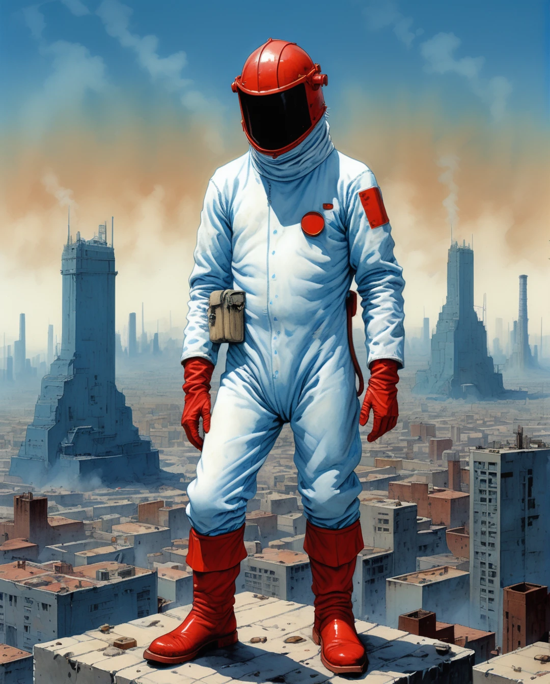 Mobis (Jean Giraud) Style - A picture by Jean Giraud Mobis, full body image, (ultra detailed,ultra high res,detailed background),((2D)),((flat color)),((muted color)), 1solo, looking at viewer, white hazmat suit, (big red galoshes), plush collar, full body image, square helmet, ((smokey blue cityscape background)), ((apocalyptic city)), entire body in frame,