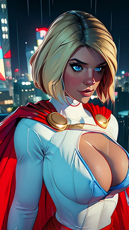 Two girls. Masterpiece. Two busty babes. Gloomy city, night, dim lights, under pouring rain. On skyscrapers roof tops, two busty babes are hugging. First, Supergirl in her signature blue and red outfit, with logo on chest and a red cape. Second, Power Girl in her signature white outfit with a cutout on the chest, red cape attached on left side of outfit. Two girls together. Girl power. Girl love. HD. High quality.