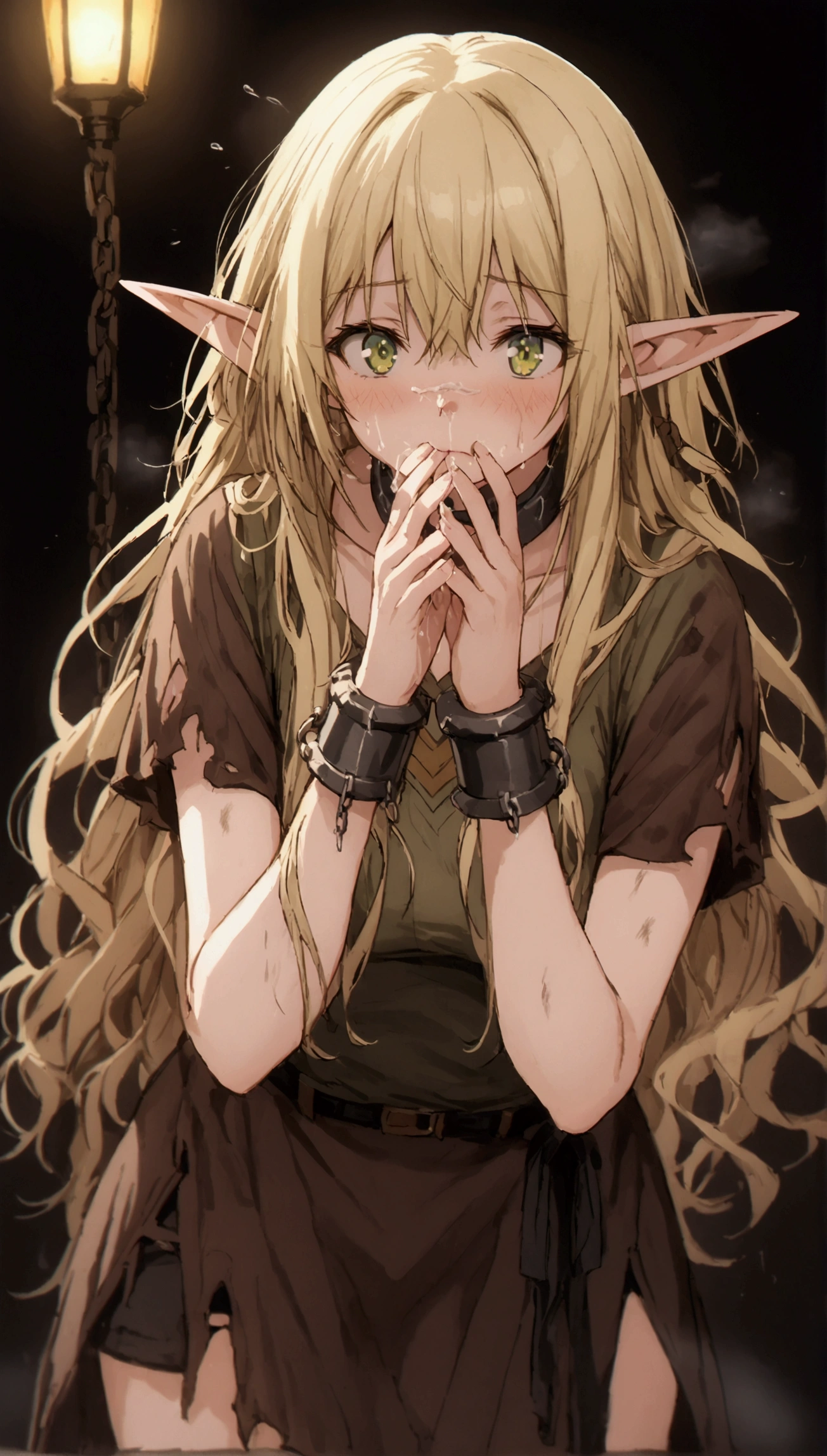 anime. young woman. elf. edge. edge collar. shackles. Dirty tunic. torn tunic. blonde. long hair. green eyes. beautiful eyes. pointed ears. cold. runny nose. sneeze. sneezes. Snot flows from the nose. Covers nose with hands. Snot flows from the nose onto the palm after sneezing. standing upright.Full body.