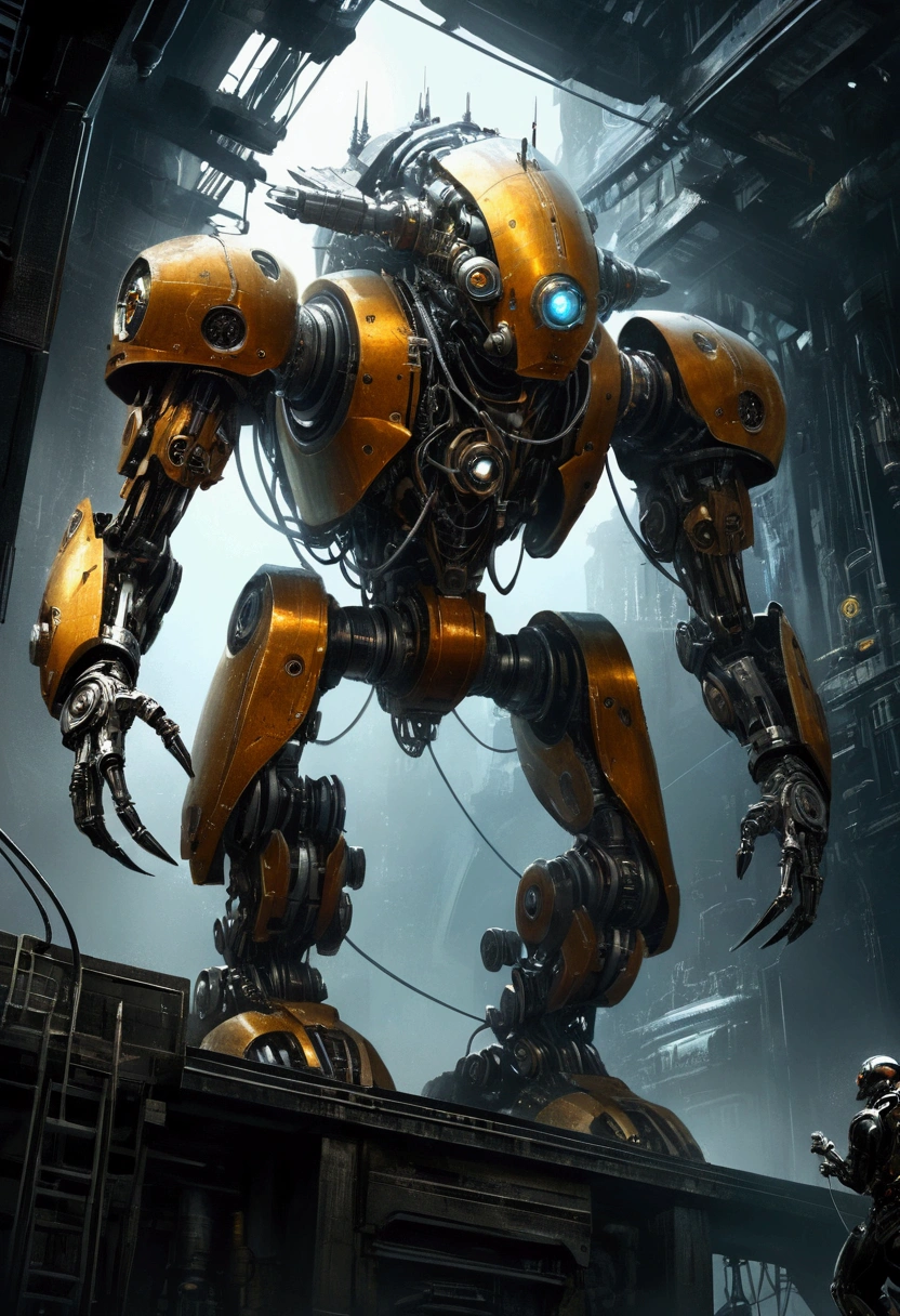 Mechanical Creature, science fiction, by Ralph McQuarrie, cinematic still, chiaroscuro, dynamic, (best quality, masterpiece, photorealistic), very aesthetic, perfect composition, intricate details, ultra-detailed, vivid colors