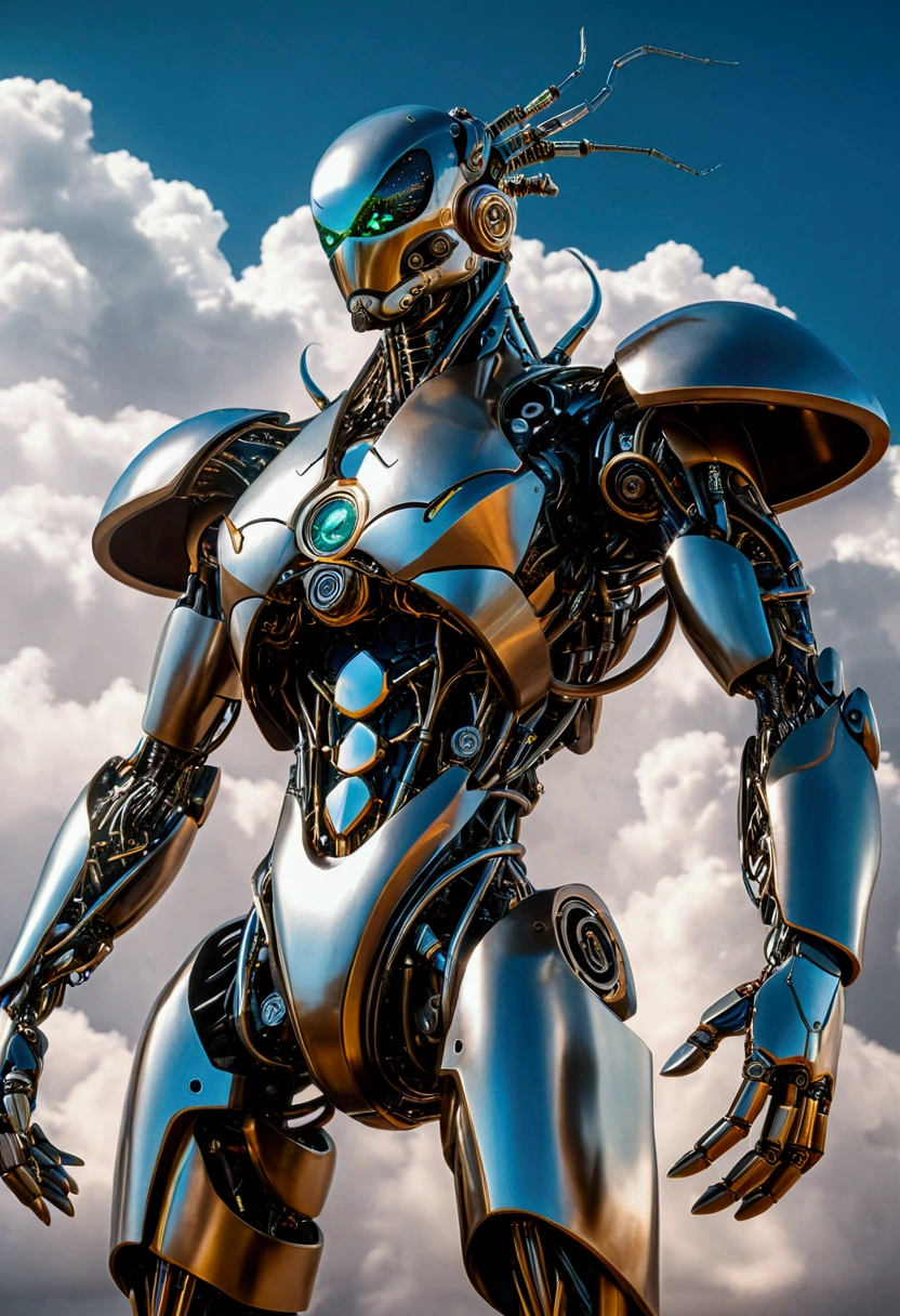 (Mechanical Creature, Mechanical body:1.2), Mechanical Creature on the cloud, futurist body, cyberpunk realism, metal skin, futuristic, captivating chiaroscuro, dynamic movement, full body, award-winning, cinematic still, emotional, vignette, dynamic, vivid, (masterpiece, best quality, photorealistic, Professional, perfect composition, very aesthetic, absurdres, ultra-detailed, intricate details:1.3)