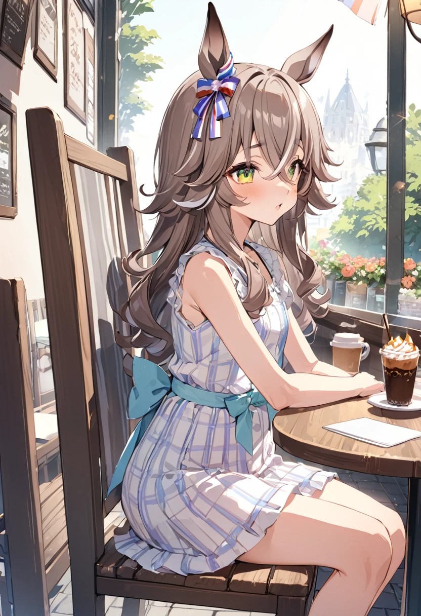 masterpiece、Highest quality、Depicted in detail、Wonder Acute\(umamusume\)、Summer casual outfit、cafe、Sit on a chair