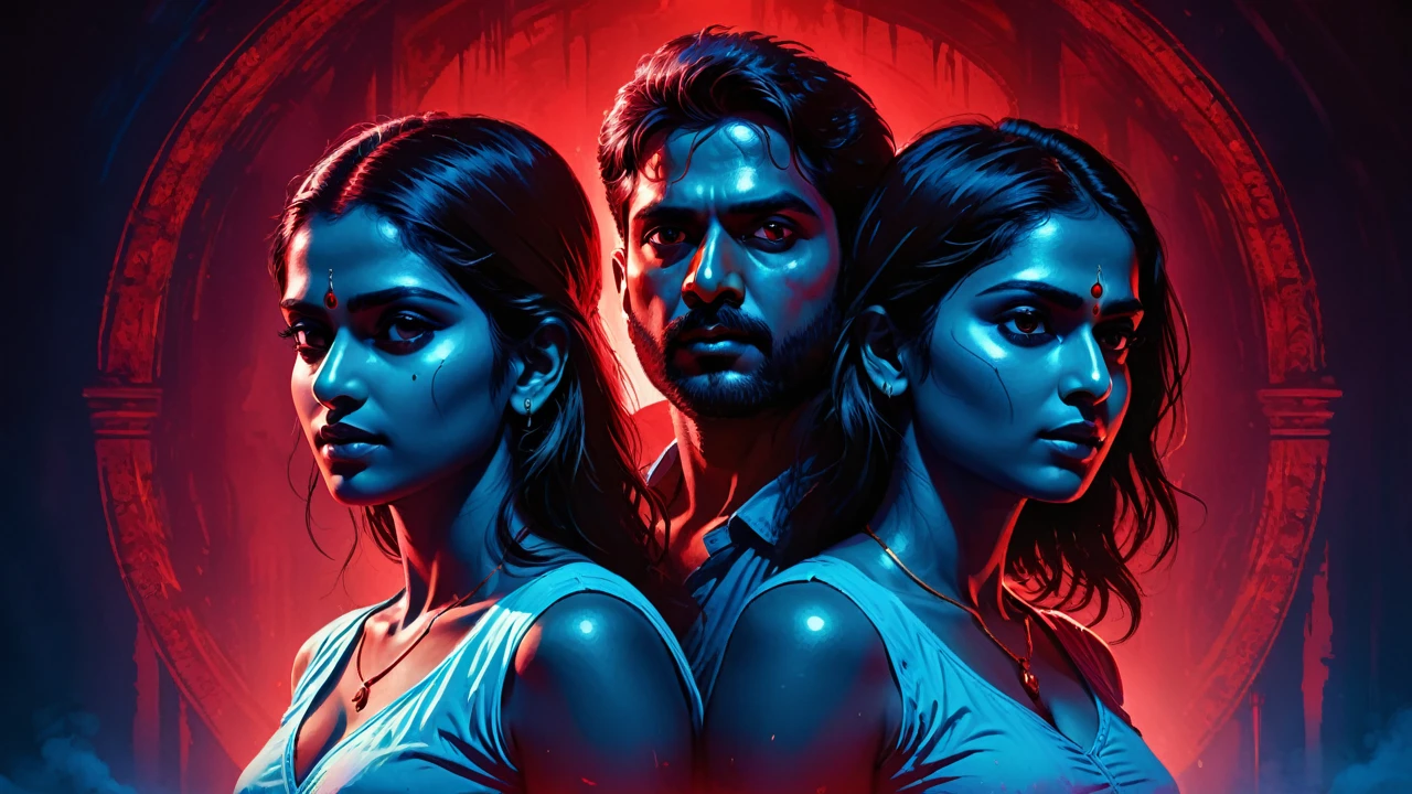 a digital illustration of multiple head of indian girl and man in one body, red and blue lighting, horror ambience, thriller,