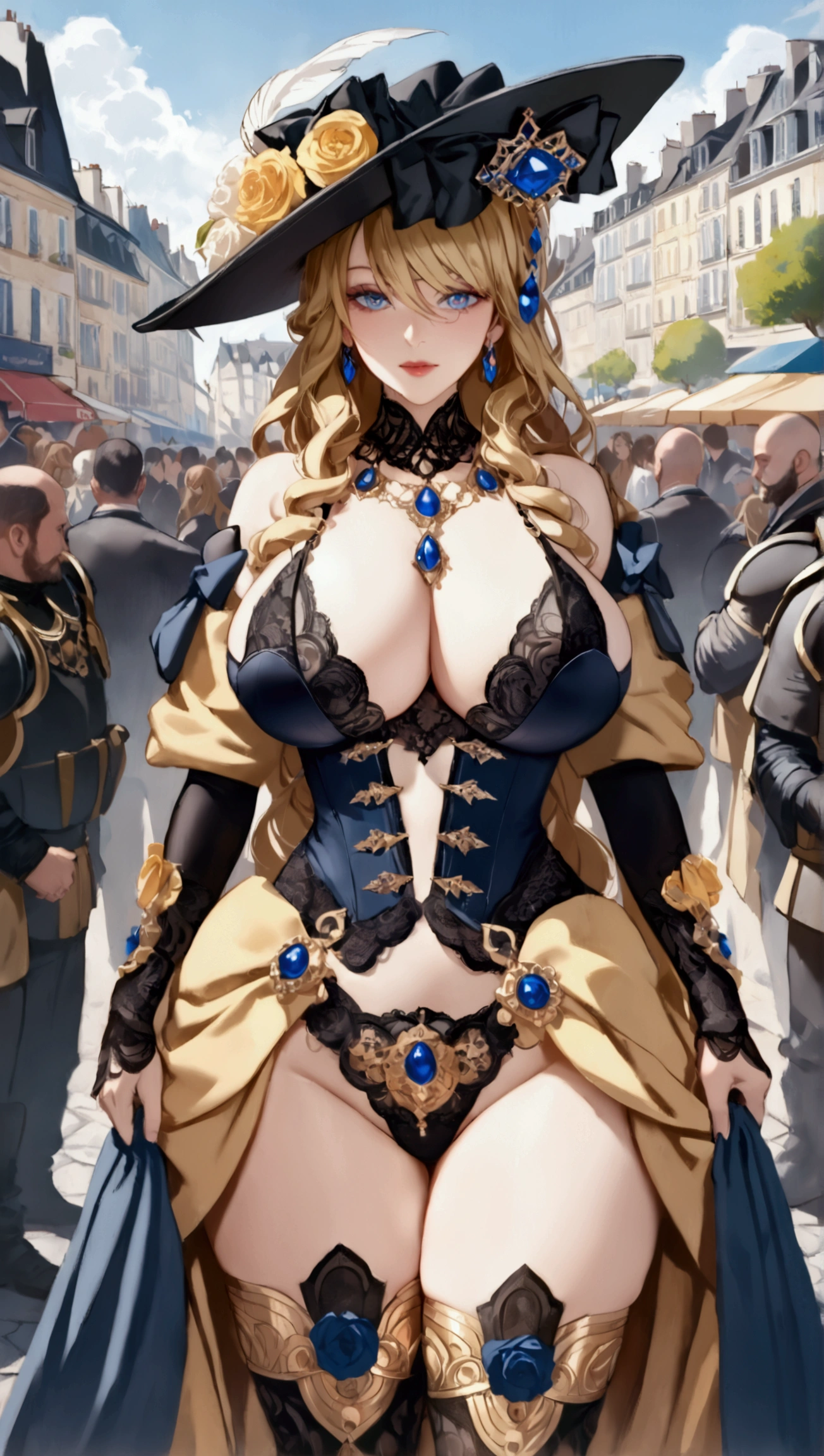 anime, ultra detailed, hyper detailed, best quality, highres, 4K, master piece, 1 female, 28-year-old, Navia, , gigantic, , France city, crowded, (((accompanied by female bodyguards))), 