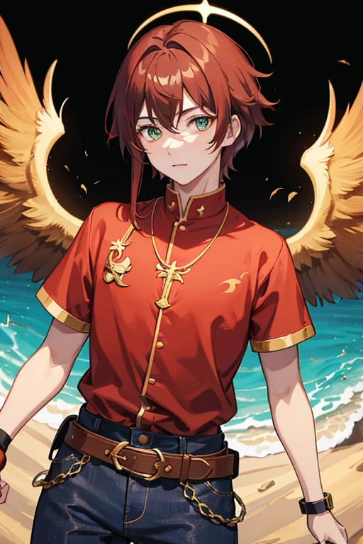 Xiao from Genshin Impact, boy, 18 years old, short reddish brown hair with strands in the bangs, green eyes, open red vest, black t-shirt with golden wings print, necklace with a golden cross, blue jeans, light brown belt, looking straight profile directly to viewer, white background