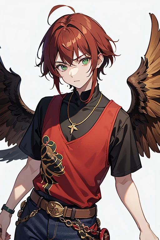 Xiao from Genshin Impact, boy, 18 years old, short reddish brown hair with strands in the bangs, green eyes, open red vest, black t-shirt with golden wings print, necklace with a golden cross, blue jeans, light brown belt, looking straight profile directly to viewer, white background