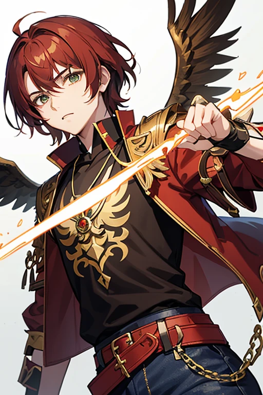Xiao from Genshin Impact, boy, 18 years old, short reddish brown hair with strands in the bangs, green eyes, open red vest, black t-shirt with golden wings print, necklace with a golden cross, blue jeans, light brown belt, looking straight profile directly to viewer, white background
