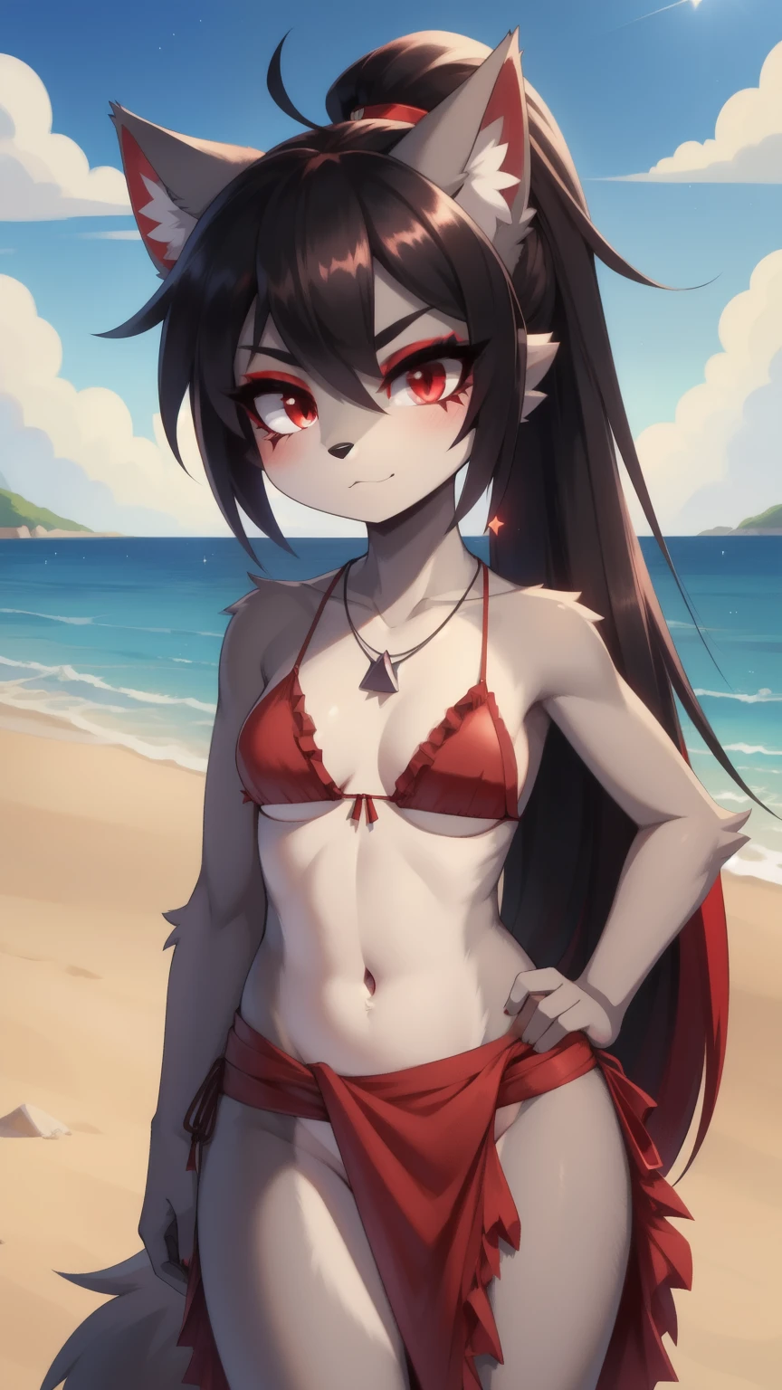 Score_9,score_8_up,score_7_up, source_cartoon, source_furry, furry girl, wolf, black hair, punk hairstyle, huge long spiky ponytail, anime style, small breasts, red eyes, ((makeup , red eyeshadows)), ((deep red bikini ruffled triangle, high cut bottom, star necklace, deep red sarong on hips)), high quality, detailed body, detailed eyes, detailed face, masterpiece, glistening body, detailed body fur, best quality, two tone body, gray fur, clear gray fur, perfect lighting, perfect shadows, perfect eyes, perfect hair, perfect face, gorgeous body, skinny,  standing, solo, :3, beach, clear sky, cheek tuft, navel,