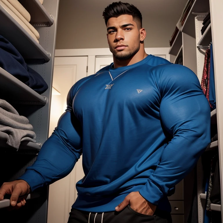 a very handsome young man, massively muscular, with massively big muscles, with massively big biceps, with massively big arms, massively tall, wearing a blue sweatshirt with long sleeves, in a very tight closet, he is so big, muscular and tall that almost doesn't fit in the closet, seen from very low