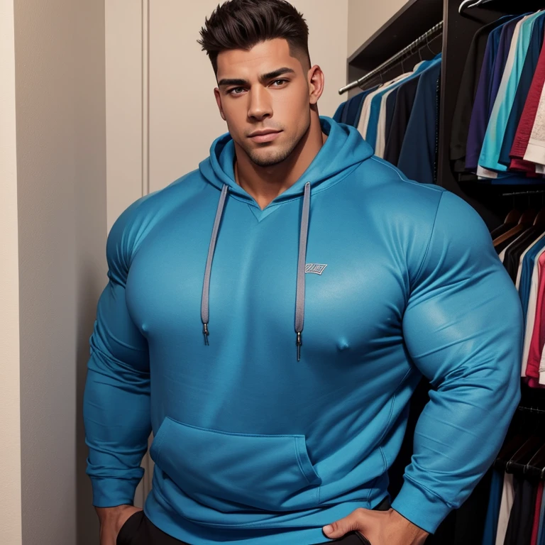 a very handsome young man, massively muscular, with massively big muscles, with massively big biceps, with massively big arms, massively tall, wearing a blue sweatshirt with long sleeves, in a very tight closet, he is so big, muscular and tall that almost doesn't fit in the closet, seen from very low