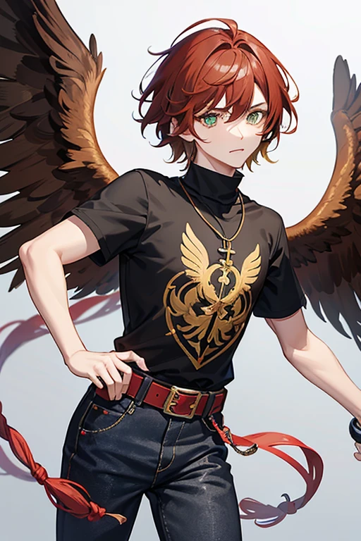 Xiao from Genshin Impact, boy, 18 years old, short reddish brown hair with strands in the bangs, green eyes, open red vest, black t-shirt with golden wings print, necklace with a golden cross, blue jeans, light brown belt, looking straight profile directly to viewer, white background