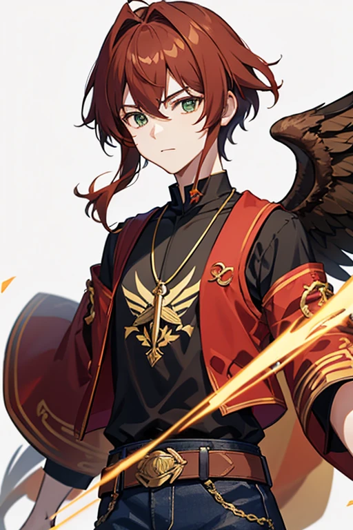 Xiao from Genshin Impact, boy, 18 years old, short reddish brown hair with strands in the bangs, green eyes, open red vest, black t-shirt with golden wings print, necklace with a golden cross, blue jeans, light brown belt, looking straight profile directly to viewer, white background