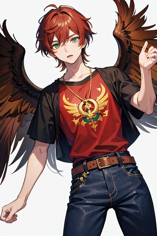 Xiao from Genshin Impact, boy, 18 years old, short reddish brown hair with strands in the bangs, green eyes, open red vest, black t-shirt with golden wings print, necklace with a golden cross, blue jeans, light brown belt, looking straight profile directly to viewer, white background