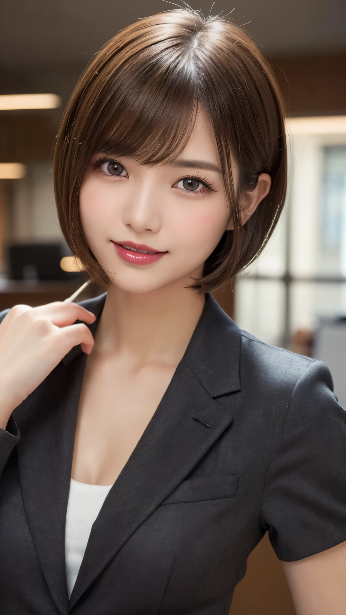 (masterpiece:1.3), high resolution, ultra detailed, extremely detailed CG unity 16k wallpaper, realistic, photo-realistic, RAW photo, super fucking beautiful detailed face, natural makeup, pale skin, realistic glistening skin, detailed cloth texture, detailed hair texture, beautiful detailed fullbody, Perfect female body, accurate, Anatomically correct, Highly detailed face and skin texture, natural neck length, (beautiful hands), (fair skin:1.1), (well-aligned teeth:1.1), beautiful breasts, beautiful thighs, (cowboy shot:1.3), (Perfect dynamic composition, looking at viewer),
BREAK,
Detailed eyes, symmetric eyes, Light Brown eyes, Double eyelids, Thin eyebrows, (Glossy lips:1.4), ((A face with waiting for a kiss:1.2)), (blush:1.1), (A sparkling small hair accessory:1.1), (beautiful smile:1.1), (sweat skin,blush:1.2), (Random and cute poses),
BREAK,
((short hair, bob, Dark blonde hair, bangs:1.2)),
(Standing in the office, business suit:1.3)