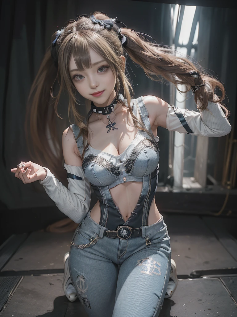 (Full Body View:1.2)、(Crouching:1.3)、(Smiling with teeth showing:1.3),(Shibuya Gal:1.5)、(Gothic ta style fashion:1.5)、(Punk RockVisual Kei:1.5)、(Wearing a rhythmic gymnastics bodysuit with intricate details:1.4)、(Racing suit and pants with delicate decorations in white, denim and charcoal:1.5)、(Denim and light blue and white boots:1.3)、((belt))、(Numerous delicate logo marks all over the costume:1.4)、(collar:1.3)、(Striped underwear:1.5)、20-year-old、NSFW、((Highest quality、In 8K、masterpiece:1.3))、Sharp focus:1.2、(Layered Cut、Huge boobs:1.1),Beautiful woman with perfect figure:1.4、(Doing an aerobics pose:1.3)、Slender Abs:1.2、Highly detailed face and skin texture、Detailed eyes、double eyelid,(Twin tails:1.3)、(Brown-golden hair:1.3)、Gravure idol、(The background is a beautiful crystal underground palace:1.3)、(Slim Body:1.3),(Make your legs thinner:1.4),(Thin thighs:1.1)、(clavicle:1.1)