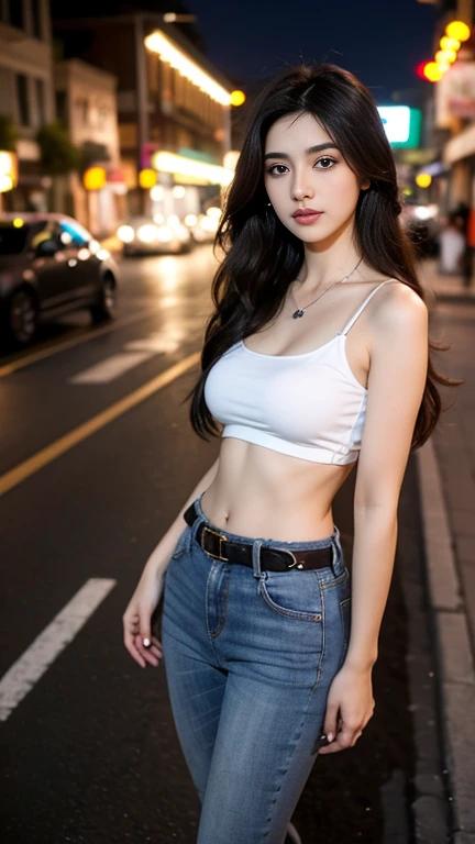 gorgeous Pakistani woman, dark long hair, large breasted, Jeans branco, belt, Bikini, just one person, at city street, in the nighttime, from front view