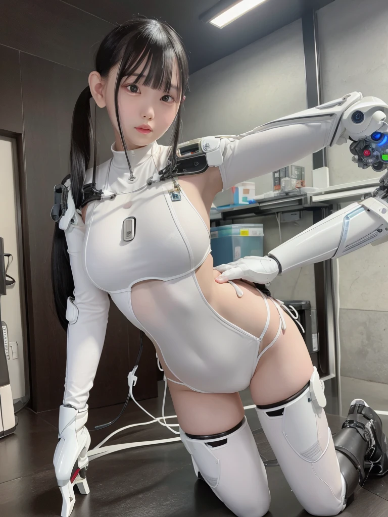 masterpiece, Highest quality, Very detailed, Japanese Android girl,Plump ,Control panel,robot arms,robot,Android,cyborg,white robot body,Blunt bangs,robot repair plant,skinny pants,boots,