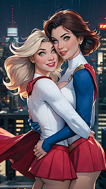 Two girls. Masterpiece. Two busty babes. Gloomy city, night, dim lights, under pouring rain. On skyscrapers roof tops, two busty babes are hugging. First, Supergirl in her signature blue and red outfit, with logo on chest and a red cape. Second, Power Girl in her signature white outfit with a cutout on the chest, red cape attached on left side of outfit. Two girls together. Girl power. Girl love. HD. High quality.