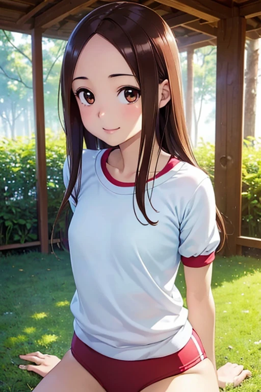 Takagi-san、Shiny brown hair, Long Hair,Forehead、Center part、 Beautiful brown eyes、smile、Sparkling eyes, (fine grain)、Very fine eye、Highly detailed face, Highly detailed eyes,


(masterpiece:1.3, Highest quality, 超High resolution, Super detailed), Cowboy Shot、 One woman，Highest quality, masterpiece, High resolution, 


(masterpiece:1.2, Highest quality), (Realistic, photoRealistic:1.4), Beautiful illustrations, (Natural Side Lighting, Cinema Lighting), Browsing Caution, 
View your viewers, 1 girl, Japanese,  Perfect Face, Cute and symmetrical face, Glowing Skin, 
 Big eyes, Long eyelashes, (chest:0.8, Thick thighs), thin, 
Beautiful detailed hair, Beautifully detailed face, Beautiful attention to detail, Beautiful clavicle, Beautiful body, 美しいchest, Beautiful thighs, Beautiful feet, Beautiful fingers, 
(Gym clothes with short sleeves, Blue-brown buruma:1.5), 
(Beautiful views), evening, (Grass is overgrown), wariza (かわいらしいsmile, Upward glance, Lips parted), 