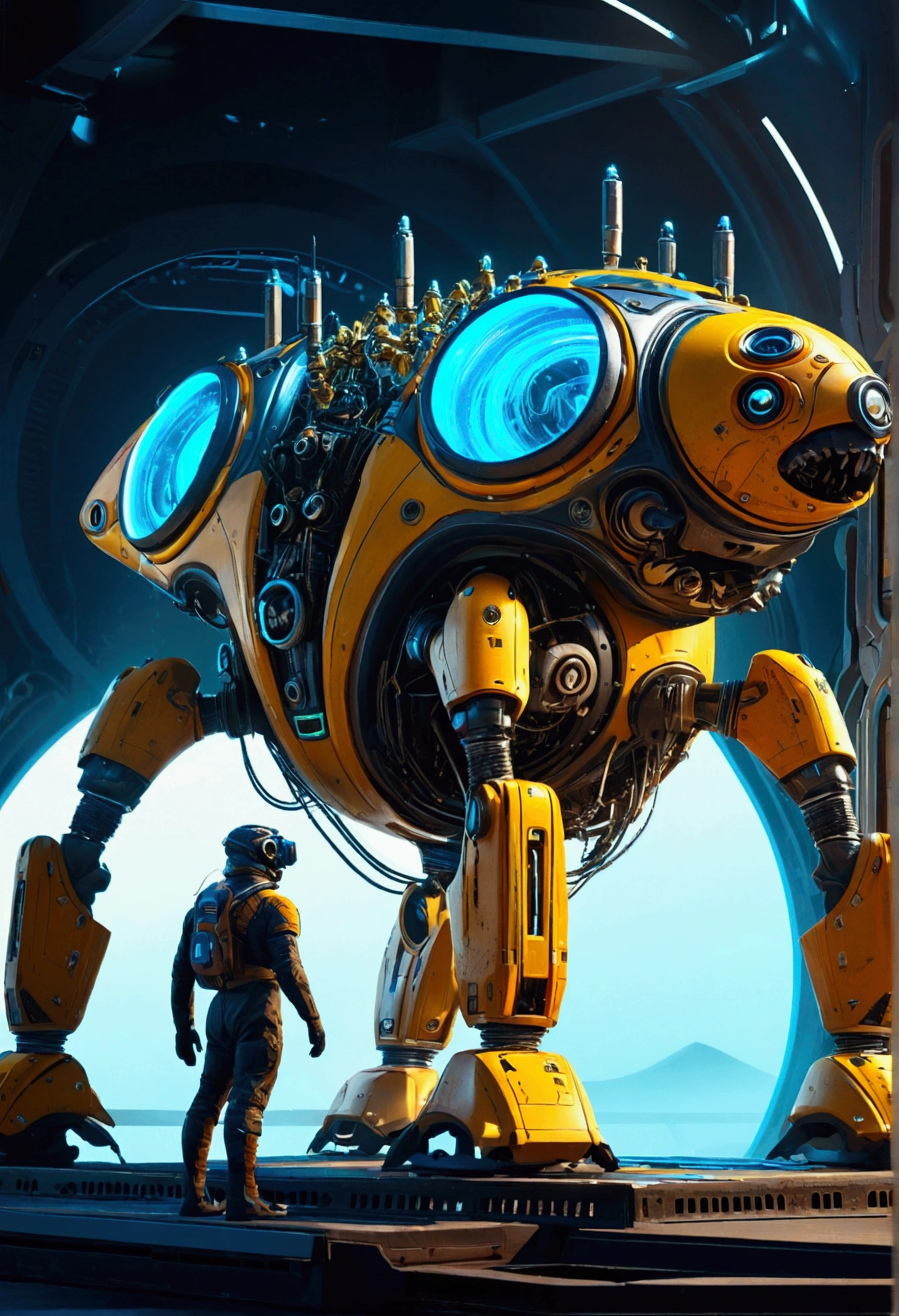 Mechanical Creature, science fiction, by Ralph McQuarrie, cinematic still, chiaroscuro, dynamic, (best quality, masterpiece, photorealistic), very aesthetic, perfect composition, intricate details, ultra-detailed, vivid colors