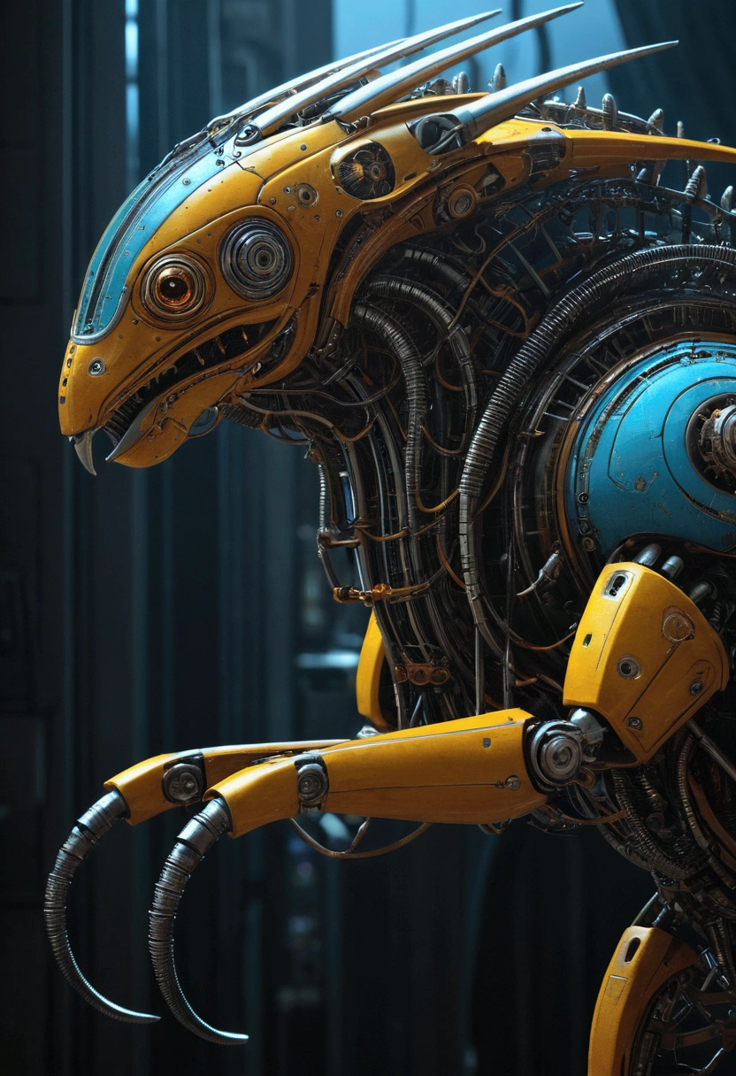 Mechanical Creature, science fiction, by Ralph McQuarrie, cinematic still, chiaroscuro, dynamic, (best quality, masterpiece, photorealistic), very aesthetic, perfect composition, intricate details, ultra-detailed, vivid colors