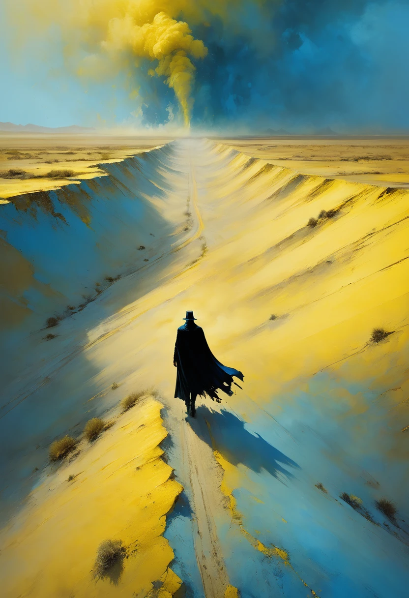 Pixelart por Jeremy Mann, Man in black cape in the yellow desert walking alone encountering a blue and yellow sandstorm, mostly blue tones and small details in yellow, 4D high relief texture painting, 8k, 4D, futuristic, ornate desert, aerial view, view from far away, photorealism, abstract impressionism