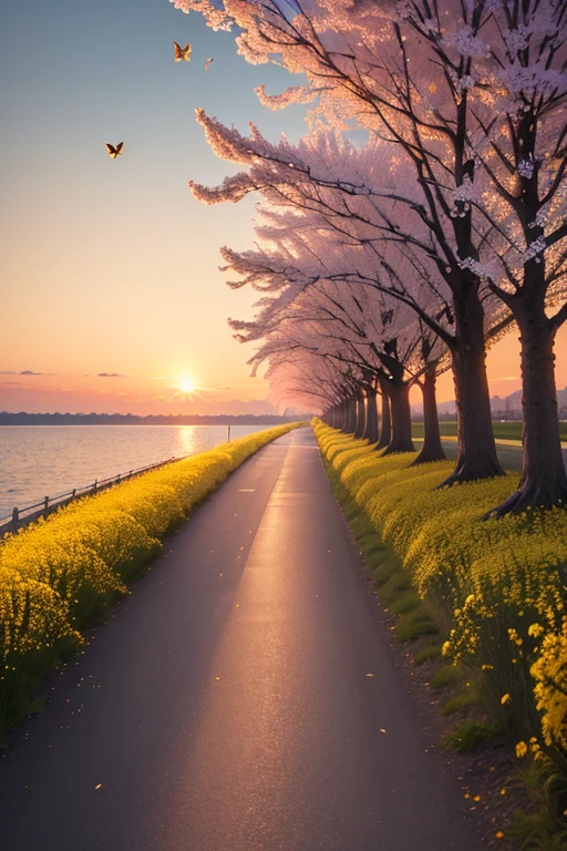 (Best Quality,8k,High resolution,masterpiece:1.2),ultra detailed,Sunset,the avenue lined with cherry blossoms, The beautiful yellow rapeseed flowers on the shore., The current, the breeze, butterflies fly,