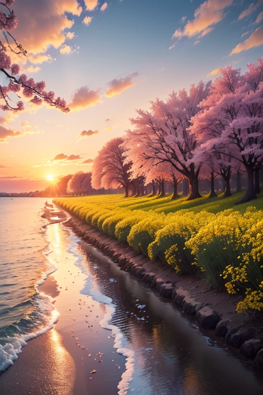 (Best Quality,8k,High resolution,masterpiece:1.2),ultra detailed,Sunset,the avenue lined with cherry blossoms, The beautiful yellow rapeseed flowers on the shore., The current, the breeze, butterflies fly,