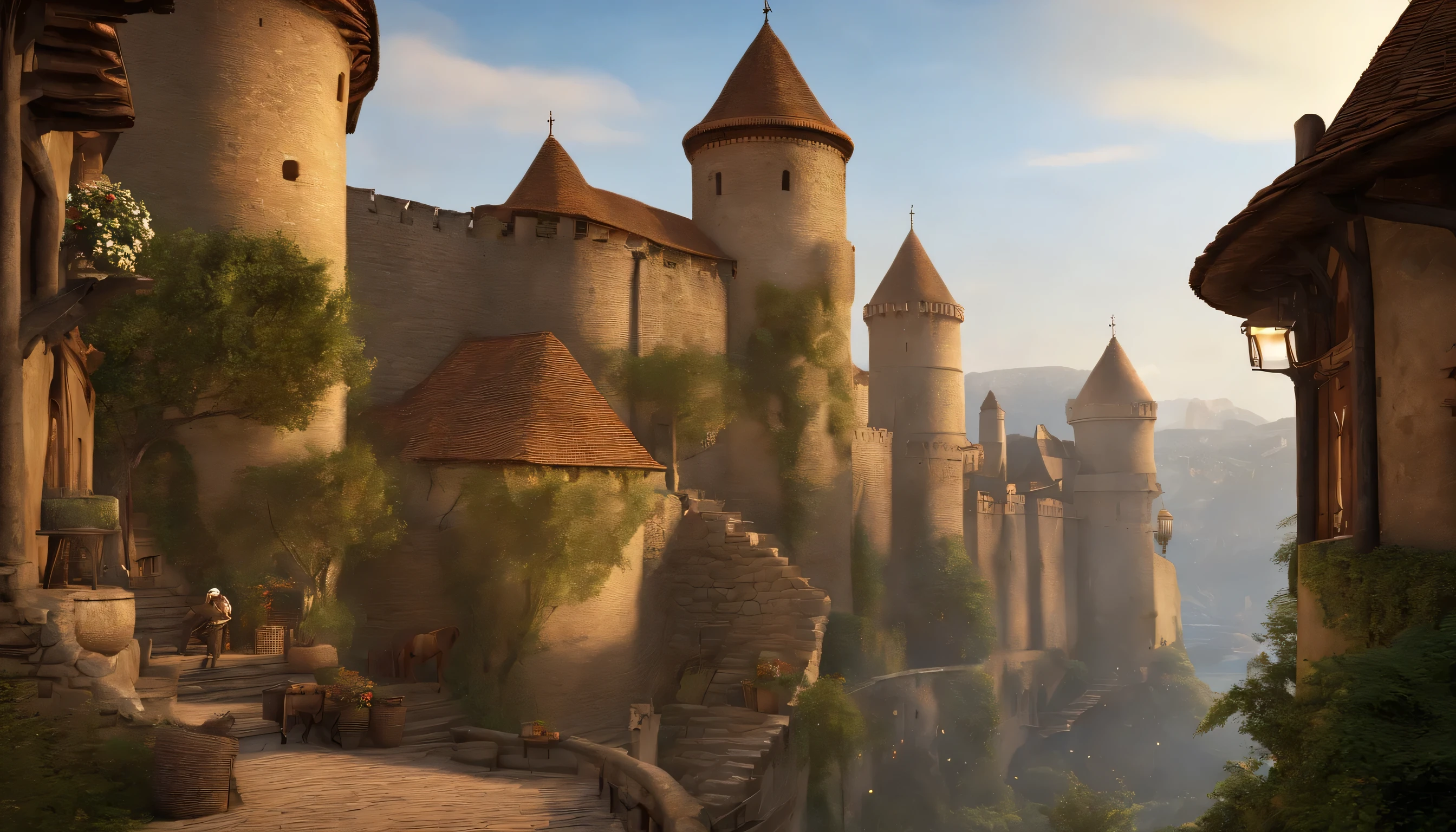 "An expansive medieval city sprawls beneath a sky painted with the hues of dawn. Stone buildings with thatched roofs line cobblestone streets, bustling with the early morning activities of merchants and townsfolk. The city is divided into distinct quarters, each representing a different clan, with banners fluttering proudly in the breeze. In the center stands a grand citadel, its tall towers piercing the sky, symbolizing the unity and strength of the allied clans."