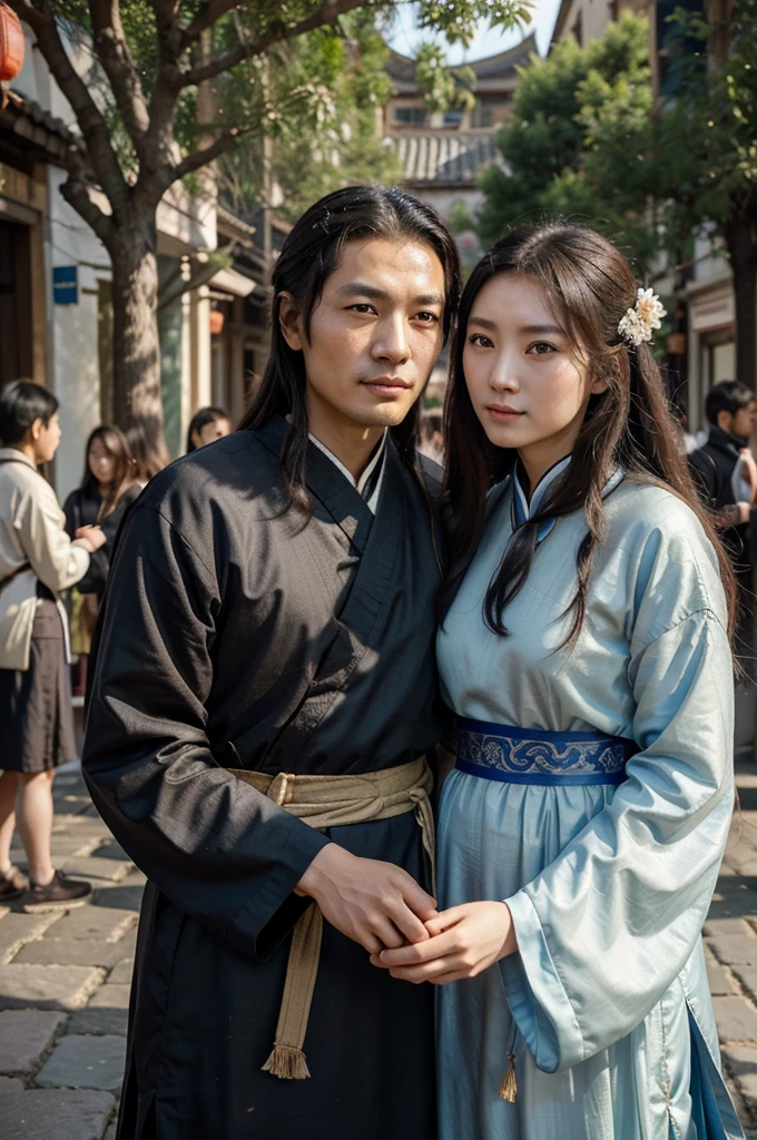 An ancient Chinese man and woman，Snuggle up to each other，Clear face，pretty eyes，Hanfu，（The man is handsome）Romantic atmosphere，The background is in ancient streets，the trees，tmasterpiece，ultra - detailed，Epic composition，Super HD，high qulity，HighestQuali，32k