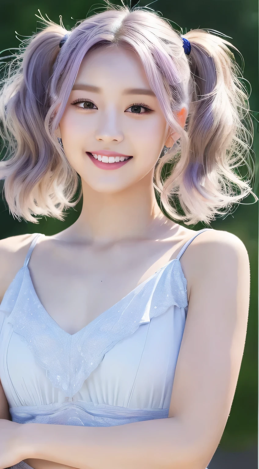 ((Highest quality, 8k, masterpiece:1.3)), concentrated: 1.2, Perfect Body Beauty: 1.4, Hips: 1.2, ((Layered Haircut, chest: 1.2)),   Highly detailed face and skin texture, Beautiful Eyes, double eyelid, Whitening skin, Long Hair, (shut up: 1.3), smile、model、whole body:1.5、dance、K-Pop Idol、White purple hair, Curly Hair, Twin tails
