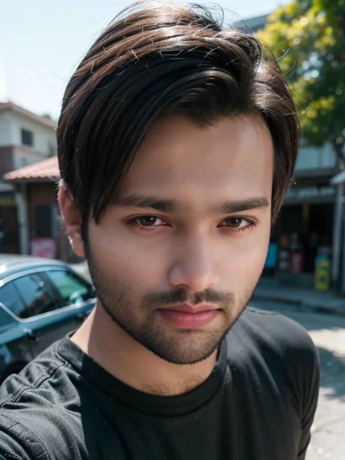 A beautiful young bearded man with highly detailed skin.black hair.happy emotion