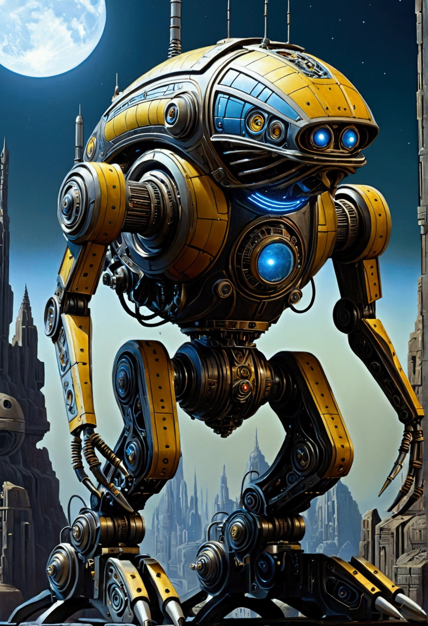 Mechanical Creature, science fiction, by Ralph McQuarrie, cinematic still, chiaroscuro, dynamic, (best quality, masterpiece, photorealistic), very aesthetic, perfect composition, intricate details, ultra-detailed, vivid colors