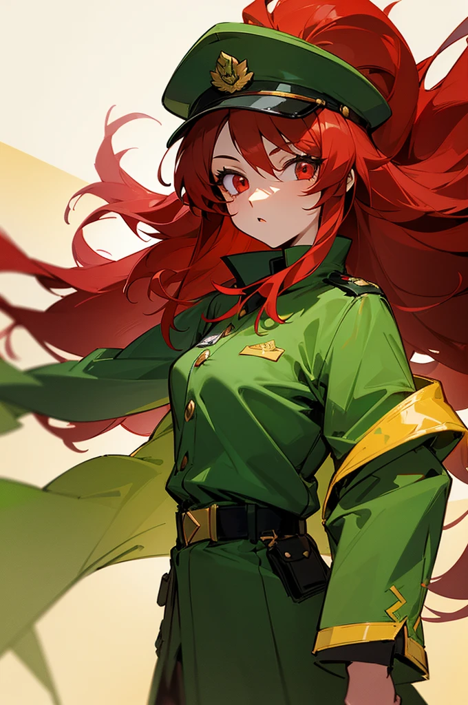 A girl in her twenties with long red hair and red eyes wearing a Green Officer's Coat with gold tints and a green and gold Officer's hat standing in a 2D anime art style