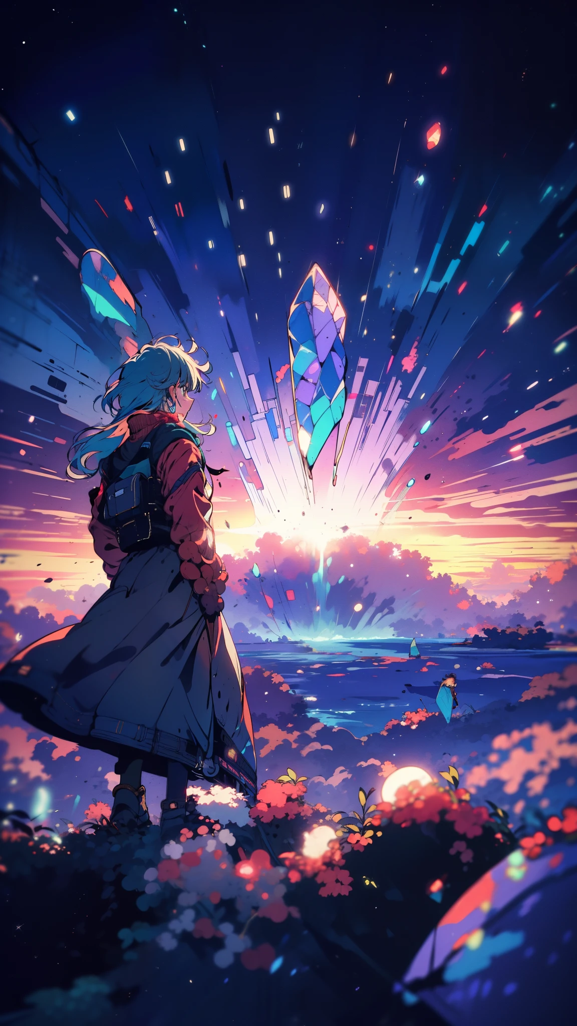 (high quality), (masterpiece), (detailed), 8K, At dusk, (crystal plateau1.3) glows with (ethereal light1.2) as character stands in awe, feeling ancient power emanating from its surface. Setting sun creates kaleidoscope of colors, transforming landscape into (mystical din1.3) of light and shadows. (high quality), (masterpiece), (detailed), 8K, Anime style character with (cool and edgy tattoos1.3), dressed in (fashionable clothing1.2), posing confidently. Expression fierce, stylish accessory coiled around arm. Thicker outlines emphasize striking, modern fashion, vibrant palette enhances scene.
