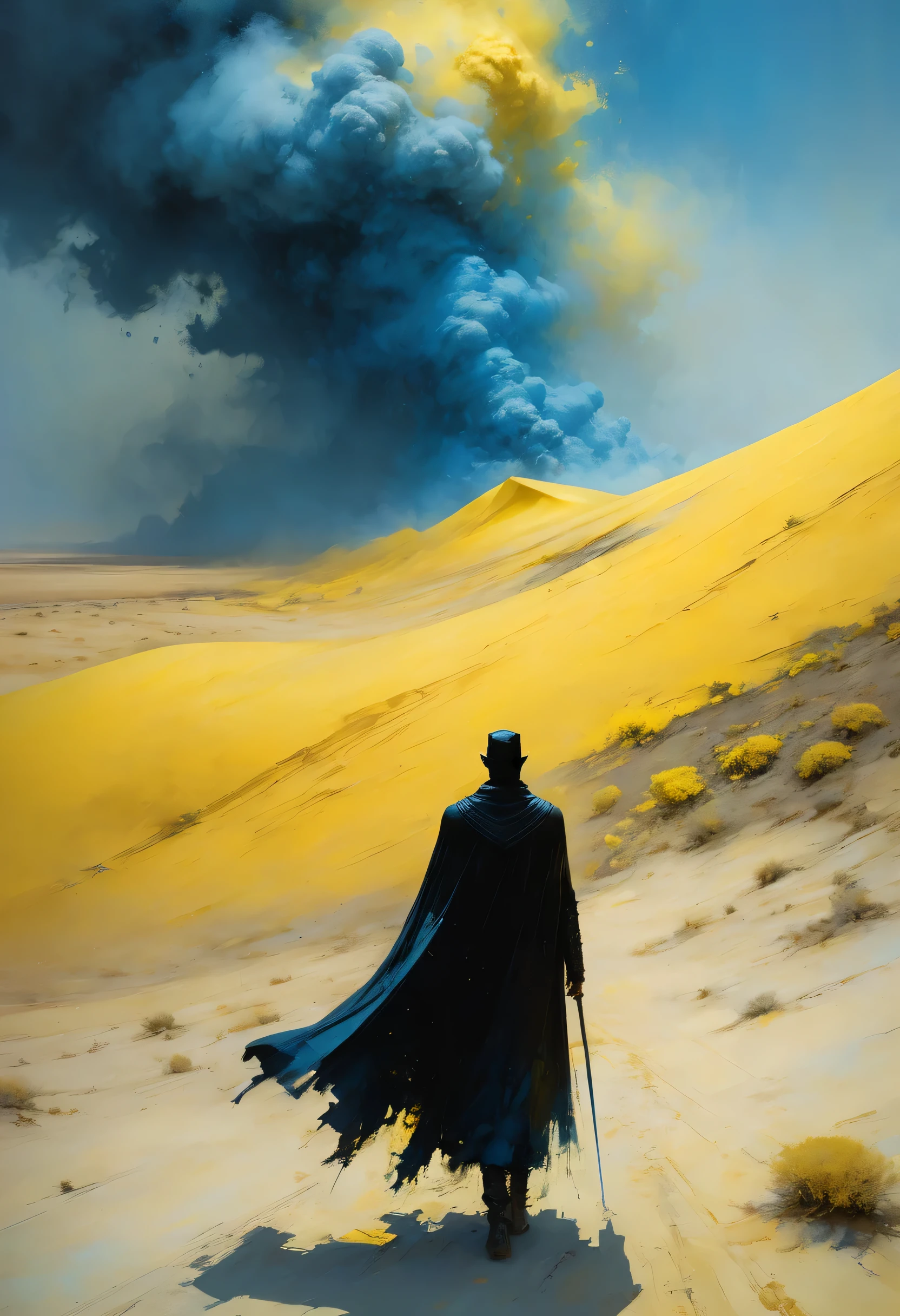 Pixelart por Jeremy Mann, Man in black cape in the yellow desert walking alone encountering a blue and yellow sandstorm, mostly blue tones and small details in yellow, 4D high relief texture painting, 8k, 4D, futuristic, ornate desert, aerial view, view from far away, photorealism, abstract impressionism