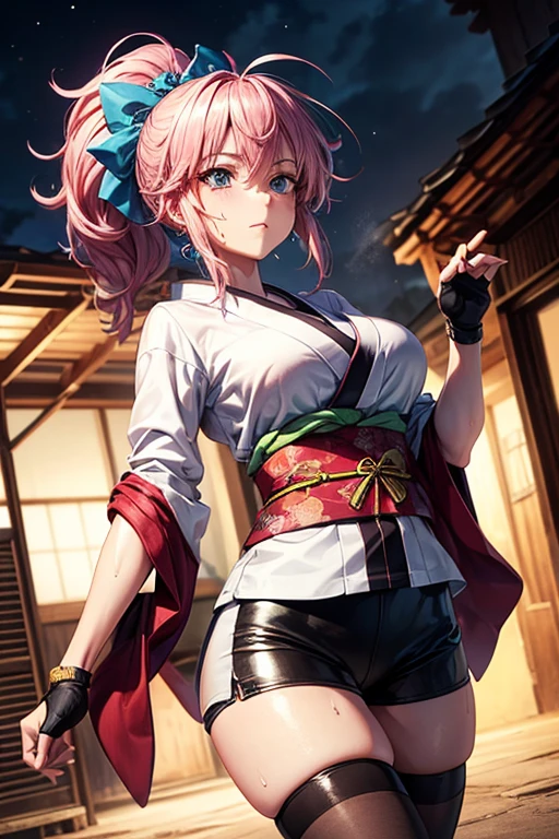 masterpiece, Highest quality,  Unreal Engine,  Super Resolution, Very detailed, 

Beautiful woman, machi, short kimono, ((no hurisode)), obi, sash, fingerless gloves, bike shorts, thighhighs, tabi, ponytail,hair_ornament, Vivid expression, Healthy Body, Smooth skin texture, Carefully drawn, 

(humidity:1.5), Beautiful Eyes, (Attractive face:1.2), (Beautiful Skin), Tight waist, (Big Breasts), (Sticky with sweat), Dynamic pose, 

In the world of Hunter Hunter, Outdoor, Slums at night,