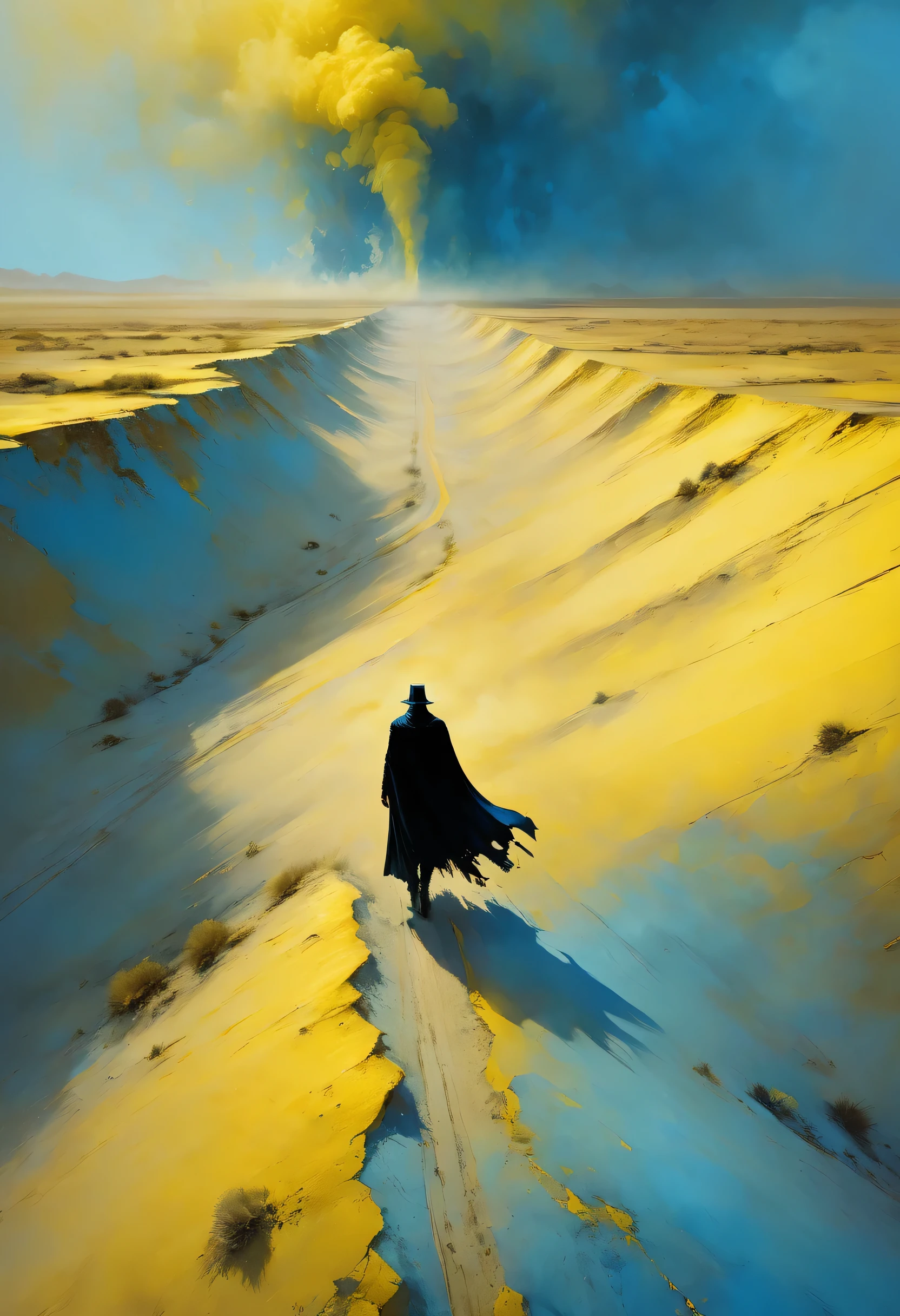 Pixelart por Jeremy Mann, Man in black cape in the yellow desert walking alone encountering a blue and yellow sandstorm, mostly blue tones and small details in yellow, 4D high relief texture painting, 8k, 4D, futuristic, ornate desert, aerial view, view from far away, photorealism, abstract impressionism