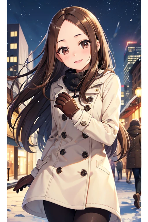 Takagi-san、Shiny brown hair, Long Hair,Forehead、Center part、 Beautiful brown eyes、smile、Sparkling eyes, (fine grain)、Very fine eye、非常にDetailed face, Highly detailed eyes,


(masterpiece:1.3, Highest quality, 超High resolution, Super detailed), Cowboy Shot、 One woman，Highest quality, masterpiece, High resolution, 

One girl,  24-years-old, Beautiful Anime Girls, Beautiful art style, Anime characters, ずるいsmile, 美しいsmile, 
((Long Hair, Brown Hair)), ( Beautiful eyelashes, Realistic eyes, Highly detailed pupil), (Detailed face, blush:1.2), 
 Medium chest, Upper Body, Perfect body,  (Dynamic Angle, throw, close), ((winter clothes, Long coat, Mittens, gloves, Long )), night, City lights, Bokeh:1.4, (Outdoor, City Buildings, crowd), ((winter, Snowfall:1.8, heavy snow, Wind, Wind blows)), (elegant, Prestigious, wonderful, elegant, beautiful)