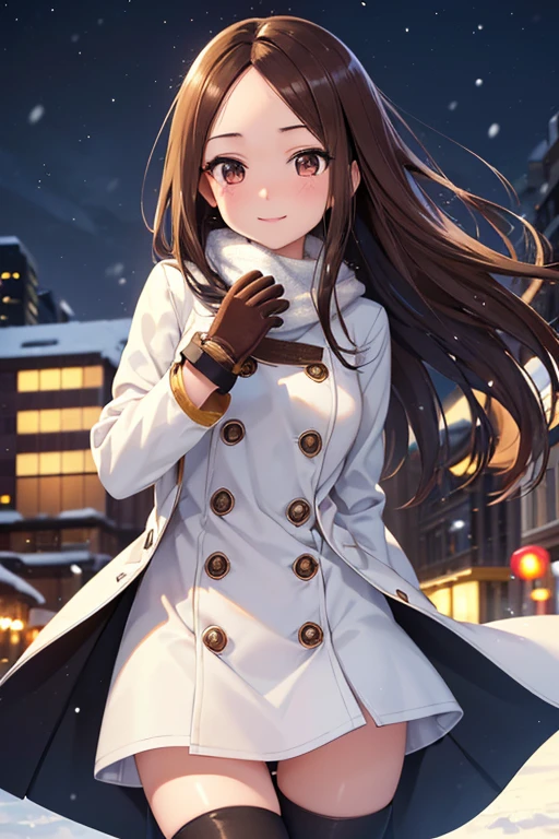 Takagi-san、Shiny brown hair, Long Hair,Forehead、Center part、 Beautiful brown eyes、smile、Sparkling eyes, (fine grain)、Very fine eye、非常にDetailed face, Highly detailed eyes,
(masterpiece:1.3, Highest quality, 超High resolution, Super detailed), Cowboy Shot、 One woman,Highest quality, masterpiece, High resolution,
One girl, 24-years-old, Beautiful Anime Girls, Beautiful art style, Anime characters, ずるいsmile, 美しいsmile,
((Long Hair, Brown Hair)), ( Beautiful eyelashes, Realistic eyes, Highly detailed pupil), (Detailed face, blush:1.2),
Medium chest, Upper Body, Perfect body, (Dynamic Angle, throw, close), ((winter clothes, Long coat, Mittens, gloves, Long underwear)), night, City lights, Bokeh:1.4, (Outdoor, City Buildings, crowd), ((winter, Snowfall:1.8, heavy snow, Wind, Wind blows)), (elegant, Prestigious, wonderful, elegant, beautiful)